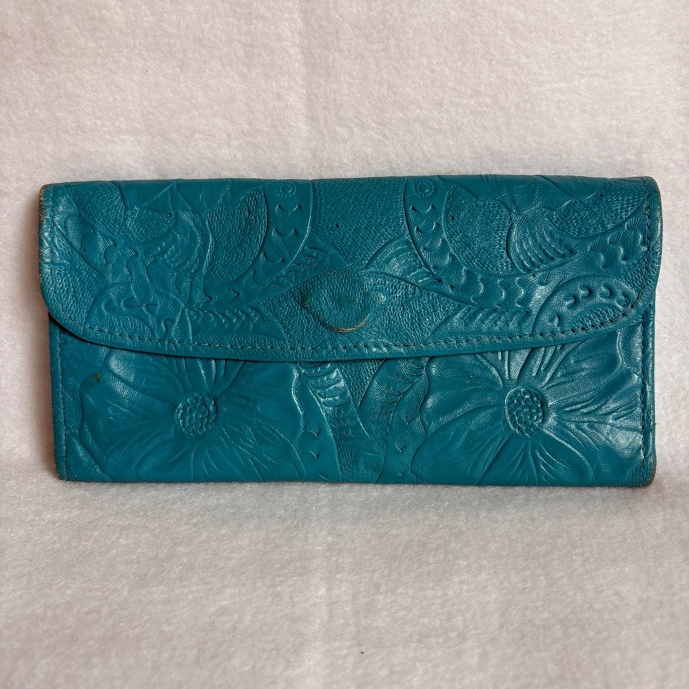 Vintage Teal Hand Tooled Leather Floral Bird Trifold Wallet Clutch Organizer